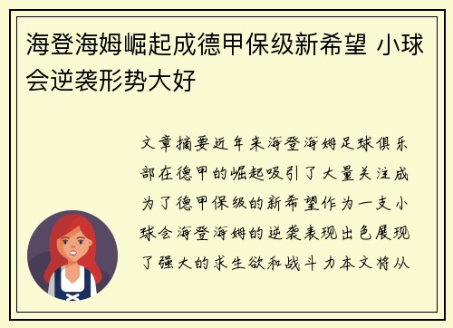 海登海姆崛起成德甲保级新希望 小球会逆袭形势大好 海登海姆崛起成德甲保级新希望 小球会逆袭形势大好