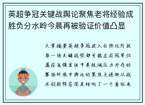 英超争冠关键战舆论聚焦老将经验成胜负分水岭今晨再被验证价值凸显